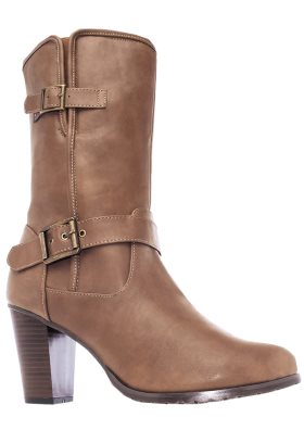 heeled twin strap boot tan