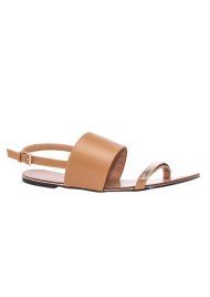metallic trim flat sandal tan
