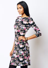 rose print boat neck dress black