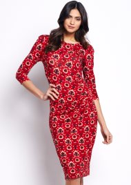 flower emblem 3/4 sleeve dress red
