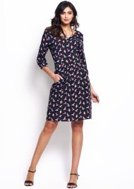 bird print pocket dress black/pink