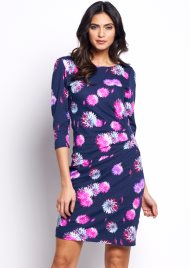 bold flower 3/4 sleeve gathers dress navy