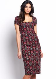 flower emblem square neck dress black