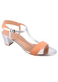block heel T bar sandal silver/natural