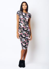 rose print side gathers dress black
