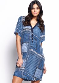patch print boho shirt dress blue