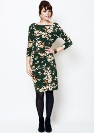 autumn print 3/4 sleeve gathers dress olive